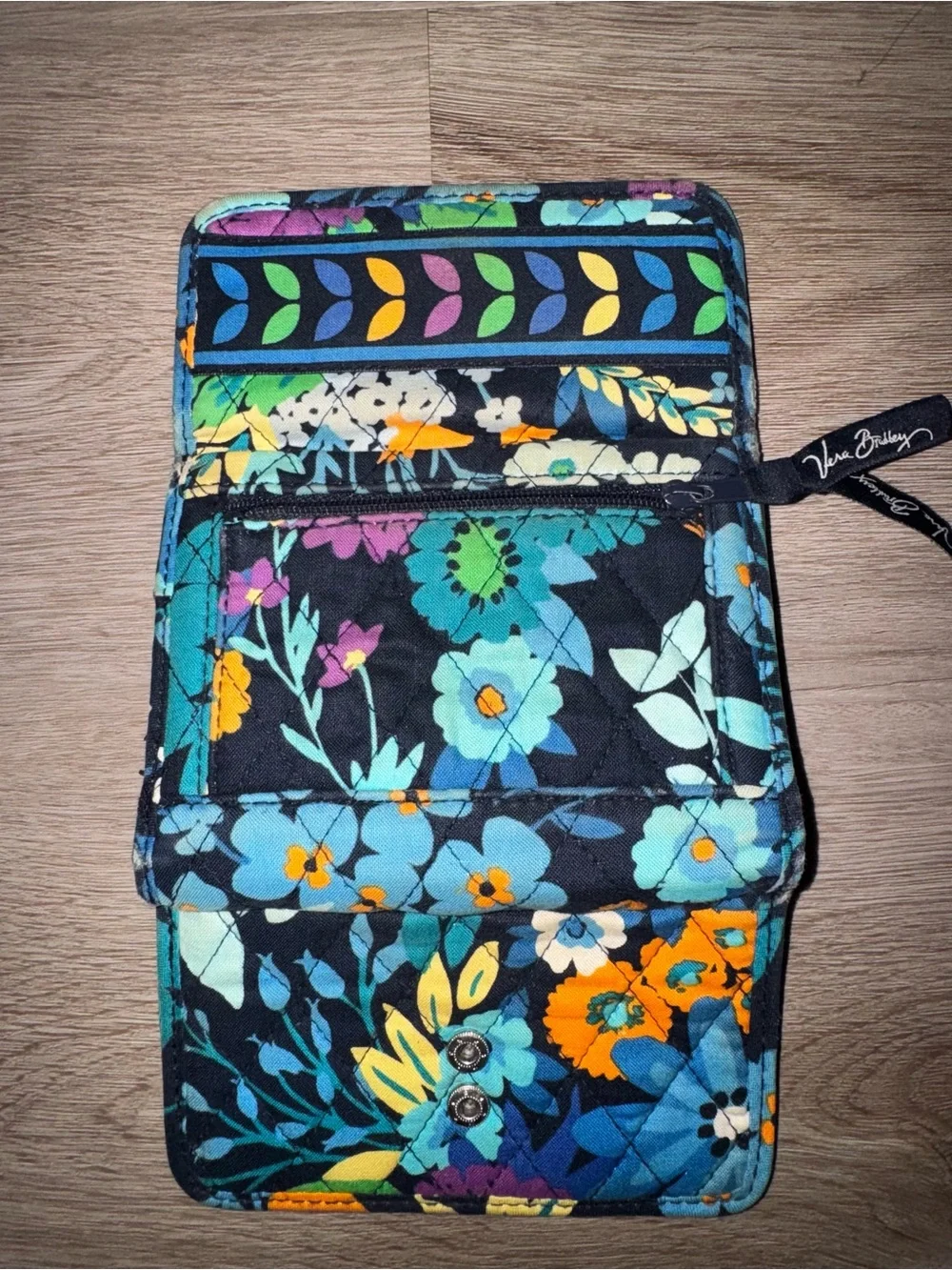 Vera Bradley Black Quilted Wallet with Multicolor Floral Leaves - Picture 3 of 6